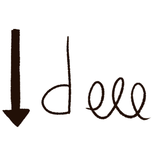 a drawing of a black arrow pointing downwards next to a lowerdase d and some scribbles.